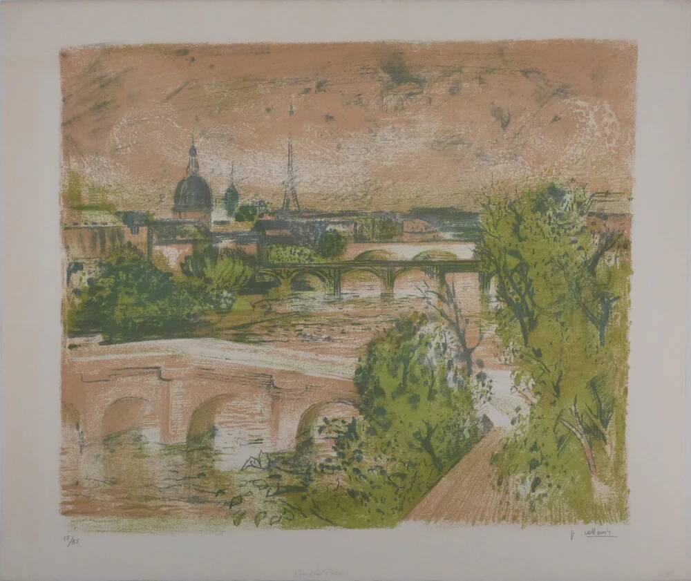 Paul Collomb : Pont de Paris, lithographie originale signée