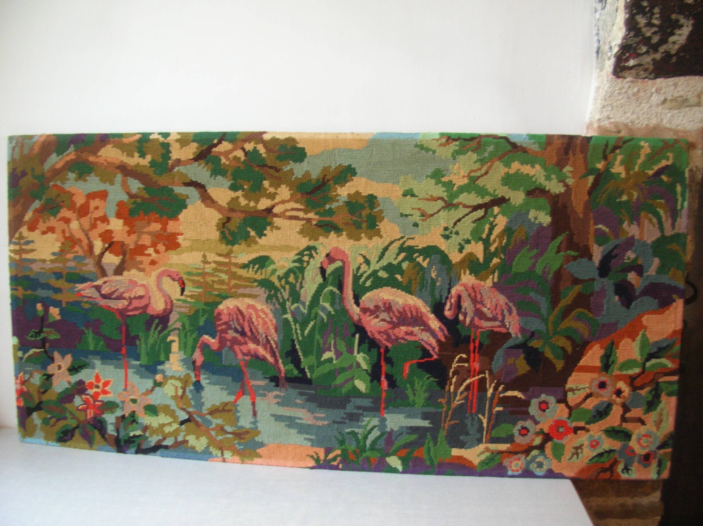 Old canvas tapestry made from a group of pink flamingos 102 cm vintage decoration 1970