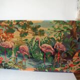 Old canvas tapestry made from a group of pink flamingos 102 cm vintage decoration 1970