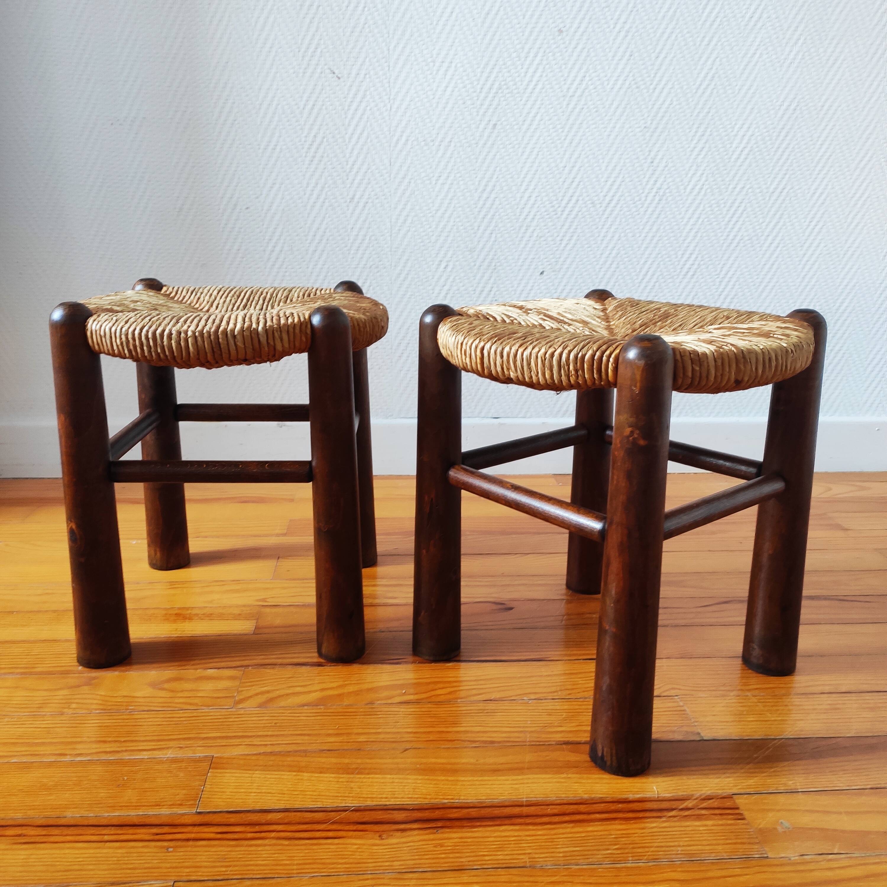 Brutalist wooden and straw stools - France 1950