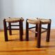 Brutalist wooden and straw stools - France 1950