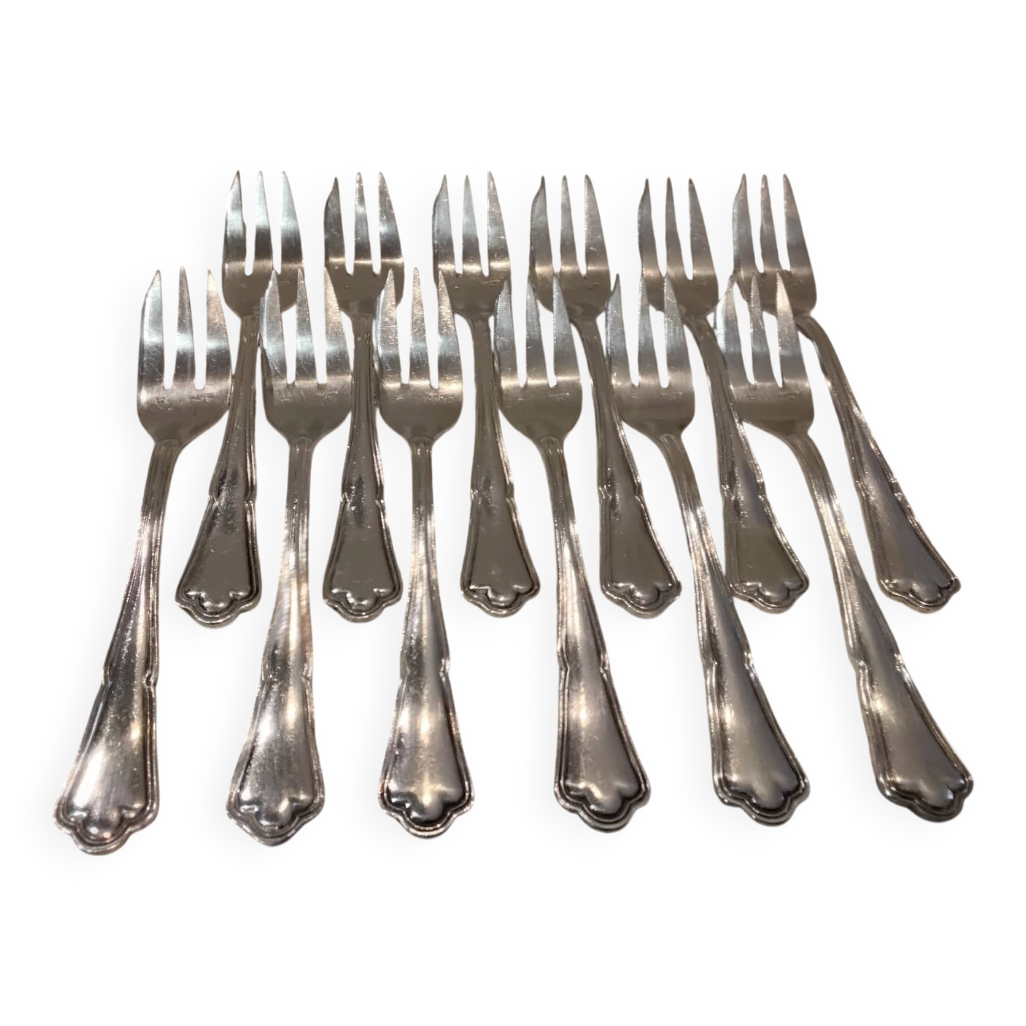 12 silver-plated metal cake forks by Ercuis silversmiths, Contours pattern