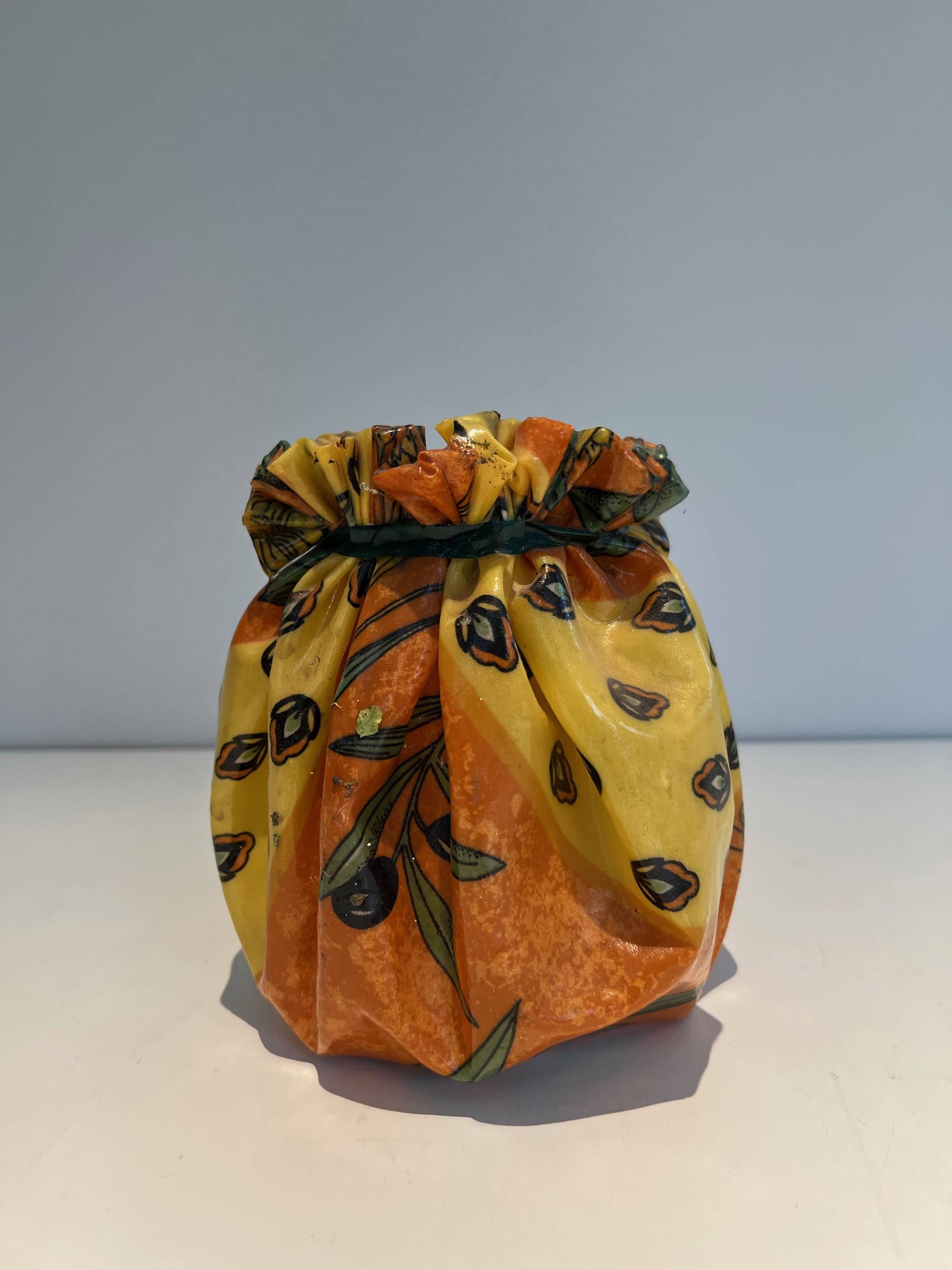 Trompe-l'Œil Ceramic Vase in the Shape of a Knotted Bag with Floral Decoration. Work