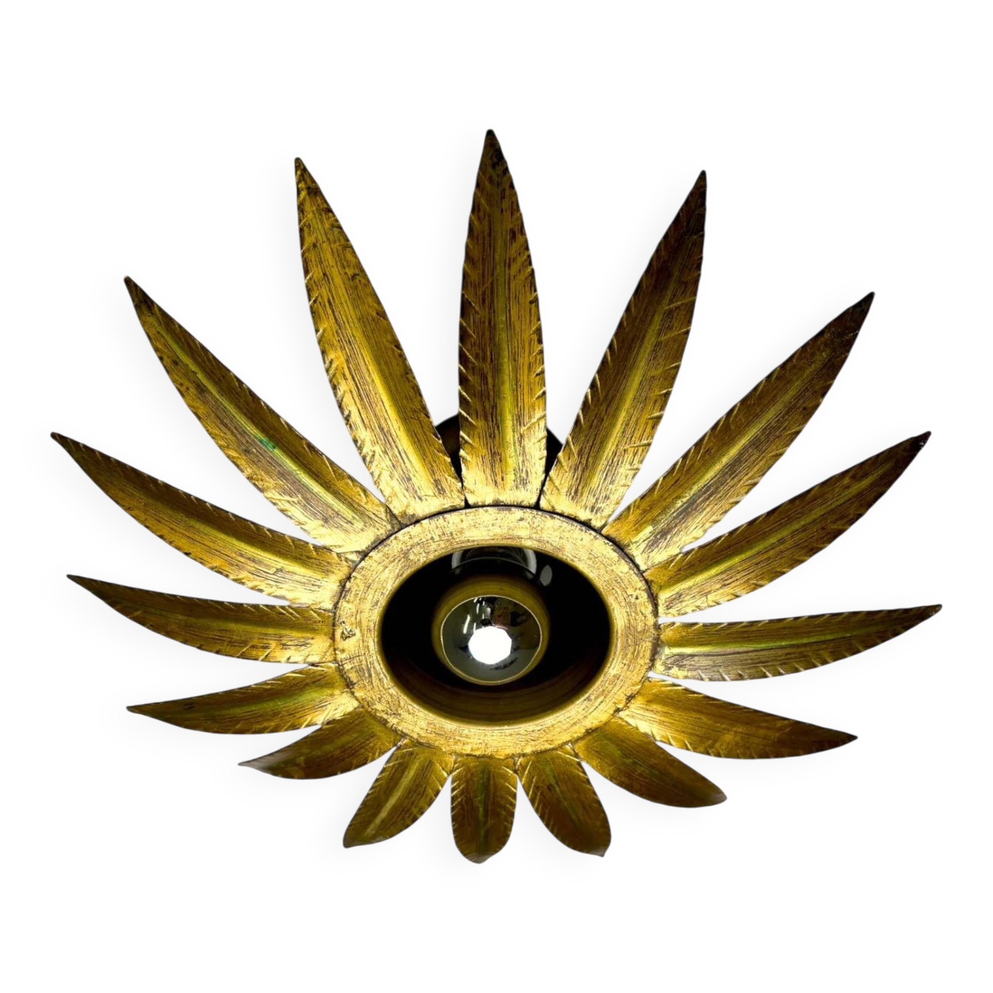 Spanish sunburst flush mount light fixture in gilt iron, Ferro Art, 1960s