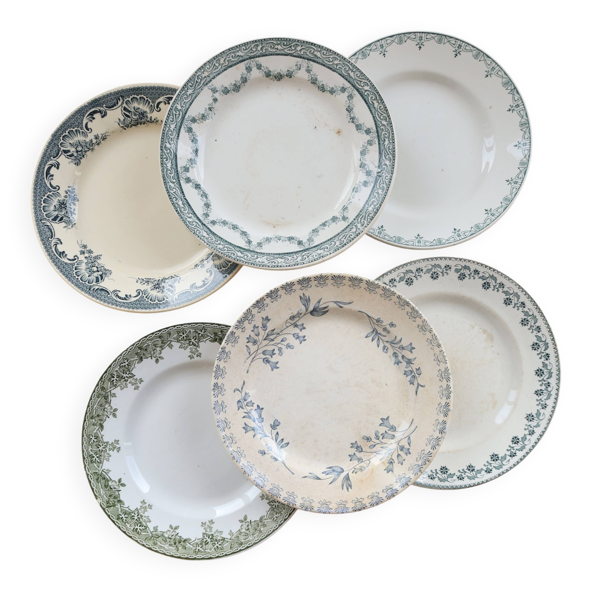 6 assiettes plates vintage terre de fer dépareillées – Tons bleus et verts