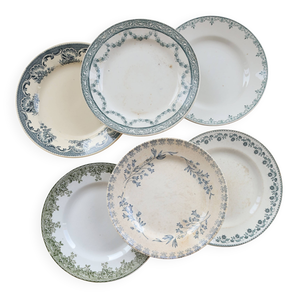6 assiettes plates vintage terre de fer dépareillées – Tons bleus et verts