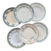 6 mismatched vintage ironstone dinner plates – Blue and green tones