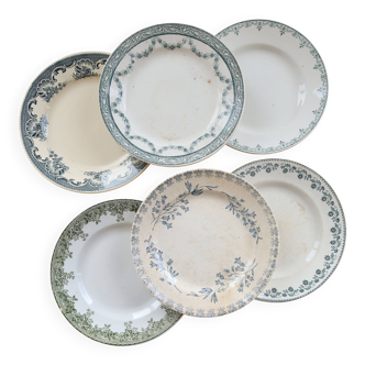 6 mismatched vintage ironstone dinner plates – Blue and green tones