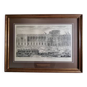 Ancienne gravure d'après Sébastien Le Clerc, chantier du Louvre, reproduction vintage, 84 x 64 cm