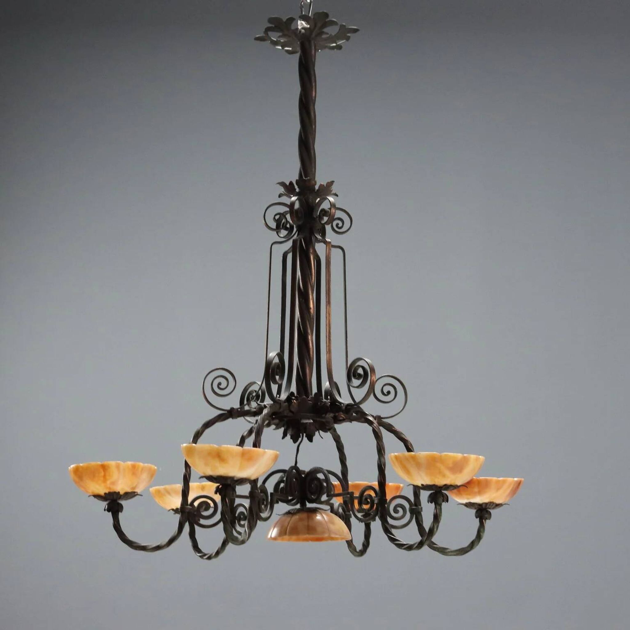 Antique Art Nouveau metal chandelier with 6 lights, Italy, 20th century.