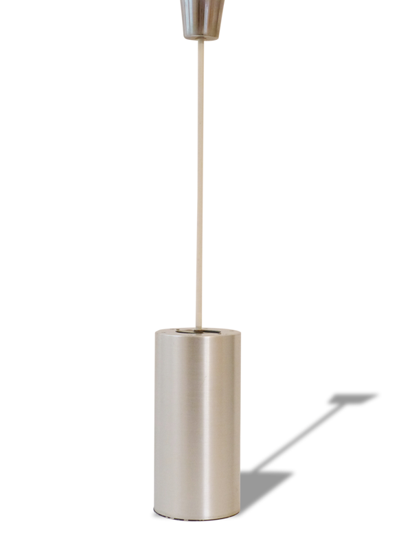 Grand plafonnier lustre cylindre en acier brossé 1970 vintage space age seventies funky 70's