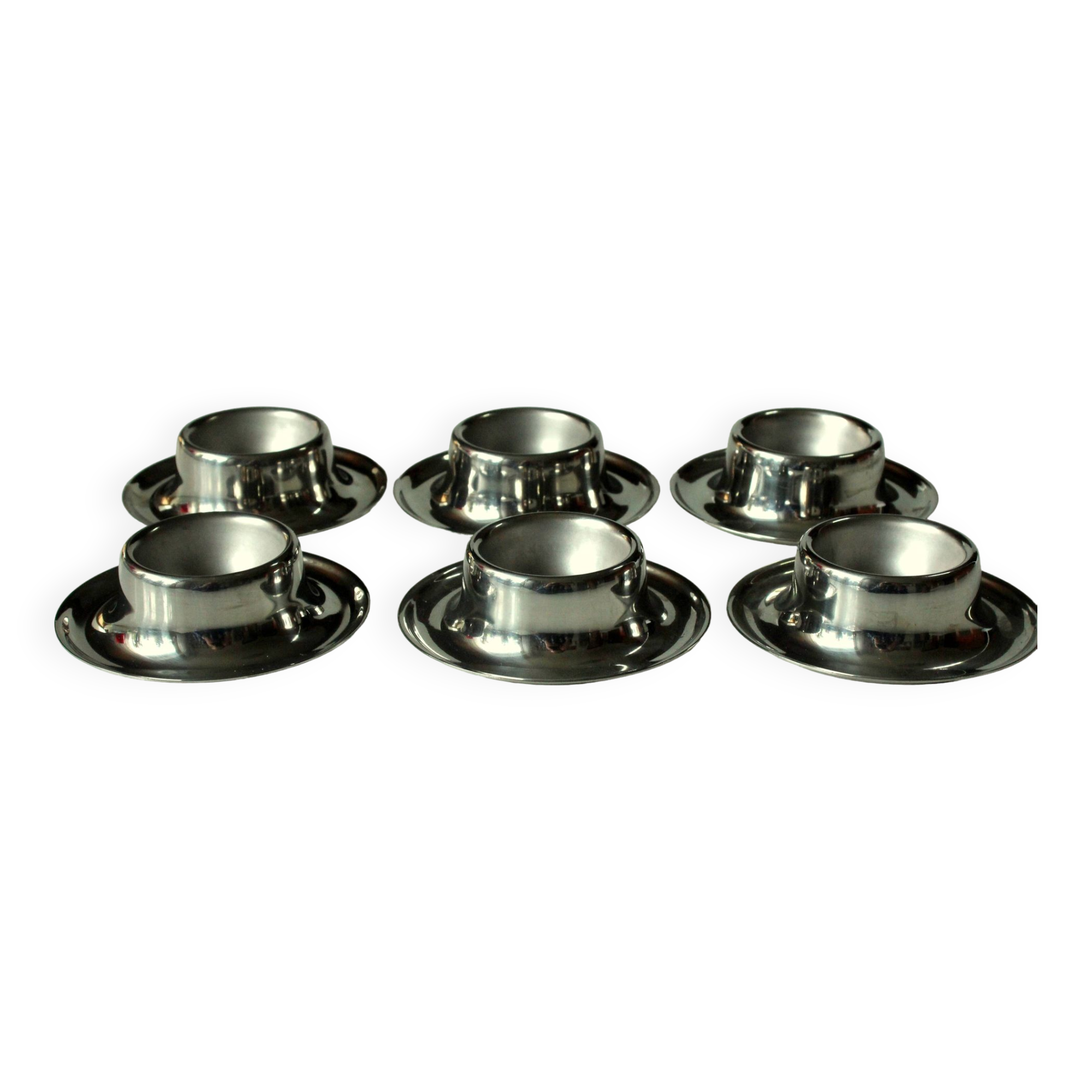 Set of 6 stainless steel egg cups, vintage from the 60s