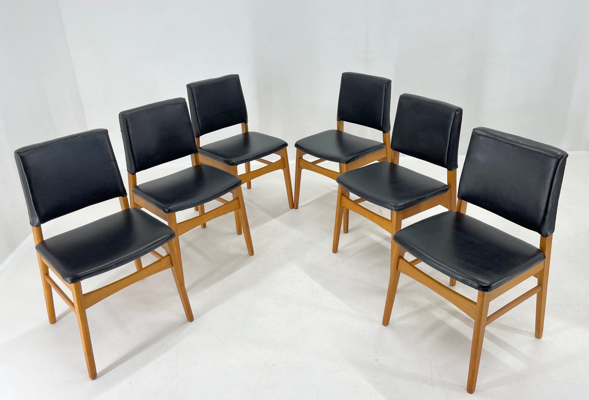 Set of 6 Leatherette & Wood Chairs, Czechoslovakia, 1960's