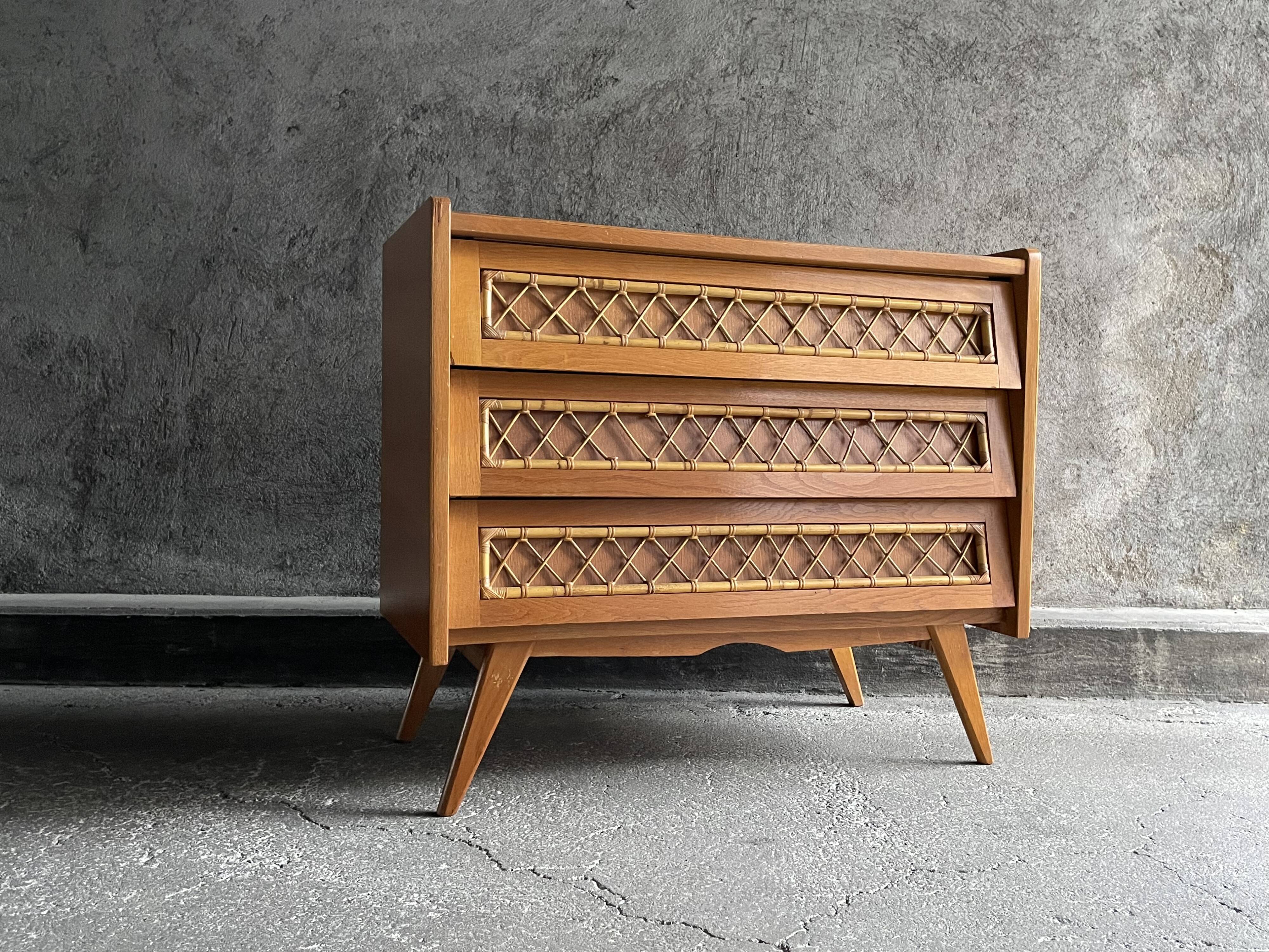 3-drawer chest of drawers with rattan decorations, France 1970s