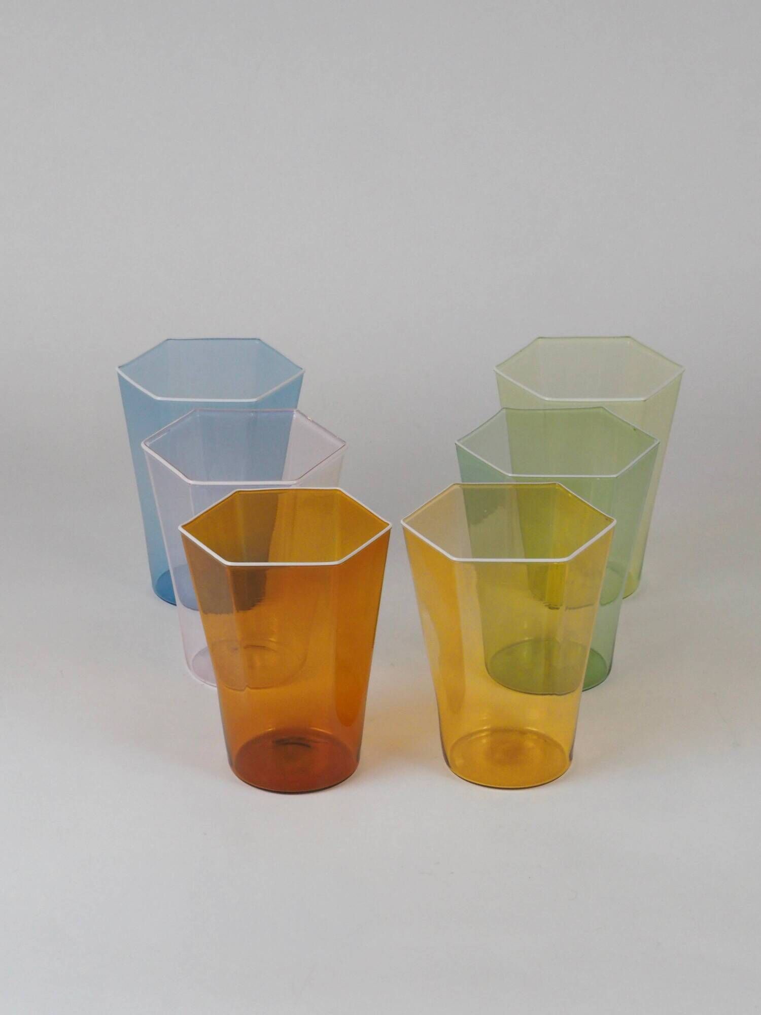 Set of six hexagonal Murano glass glasses handmade by Carlo Scarpa.
