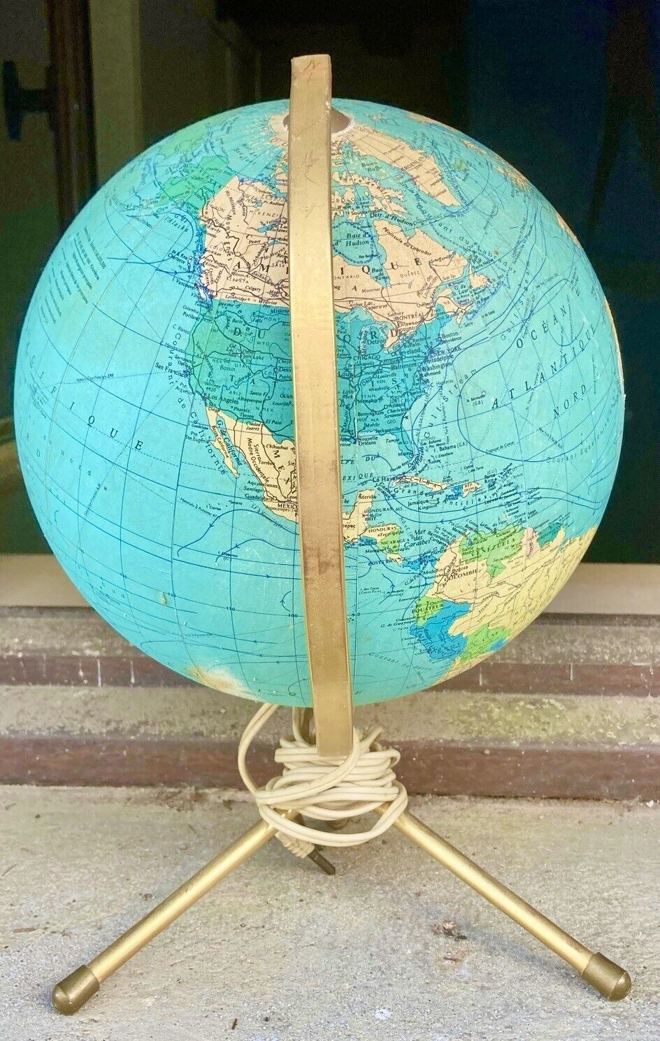 Globe terrestre mappemonde ancienne verre lumière design vintage 1970