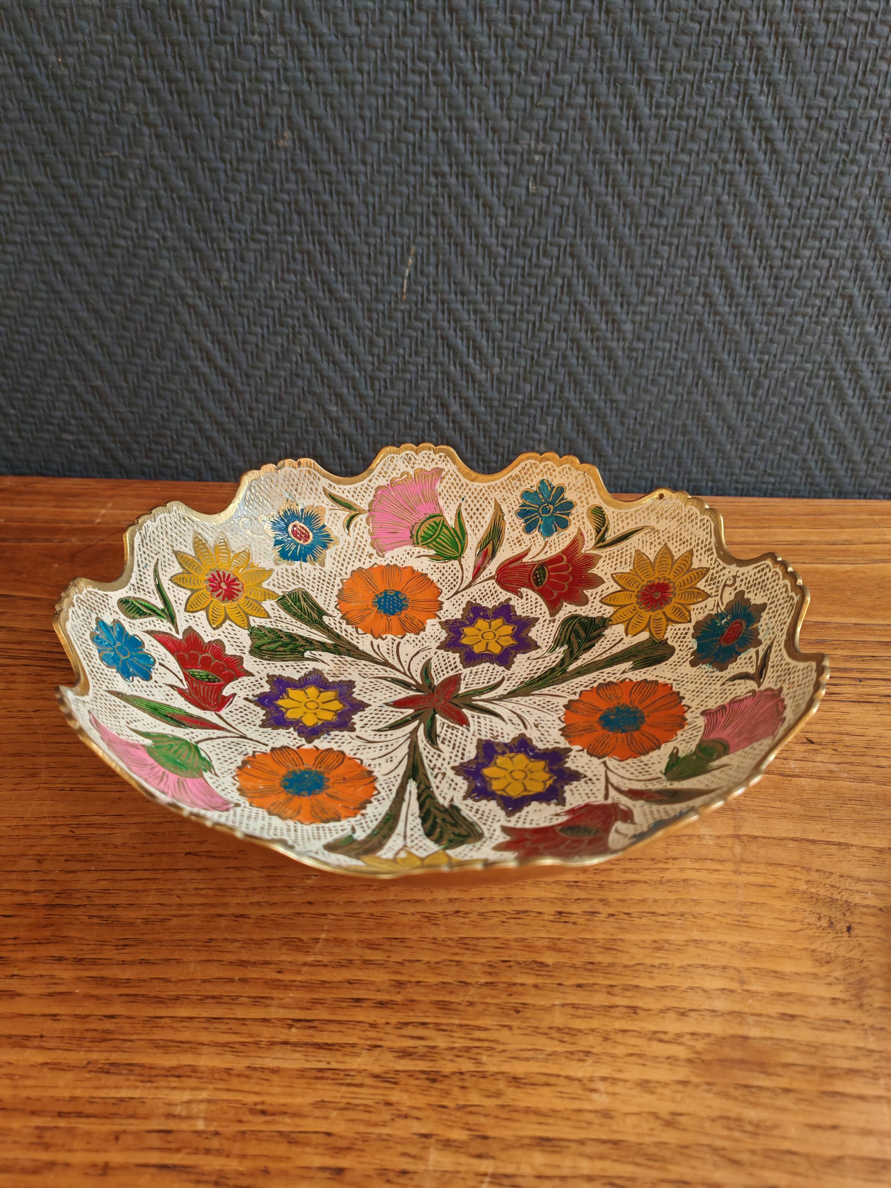 Vintage Enamelled Brass Fruit Bowl – Floral Centrepiece with Edge Fe