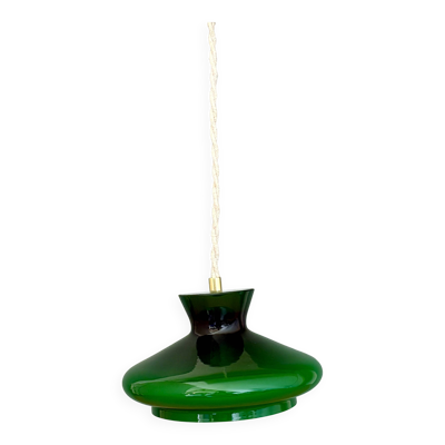 Suspension abat-jour vintage en opaline verte et blanche