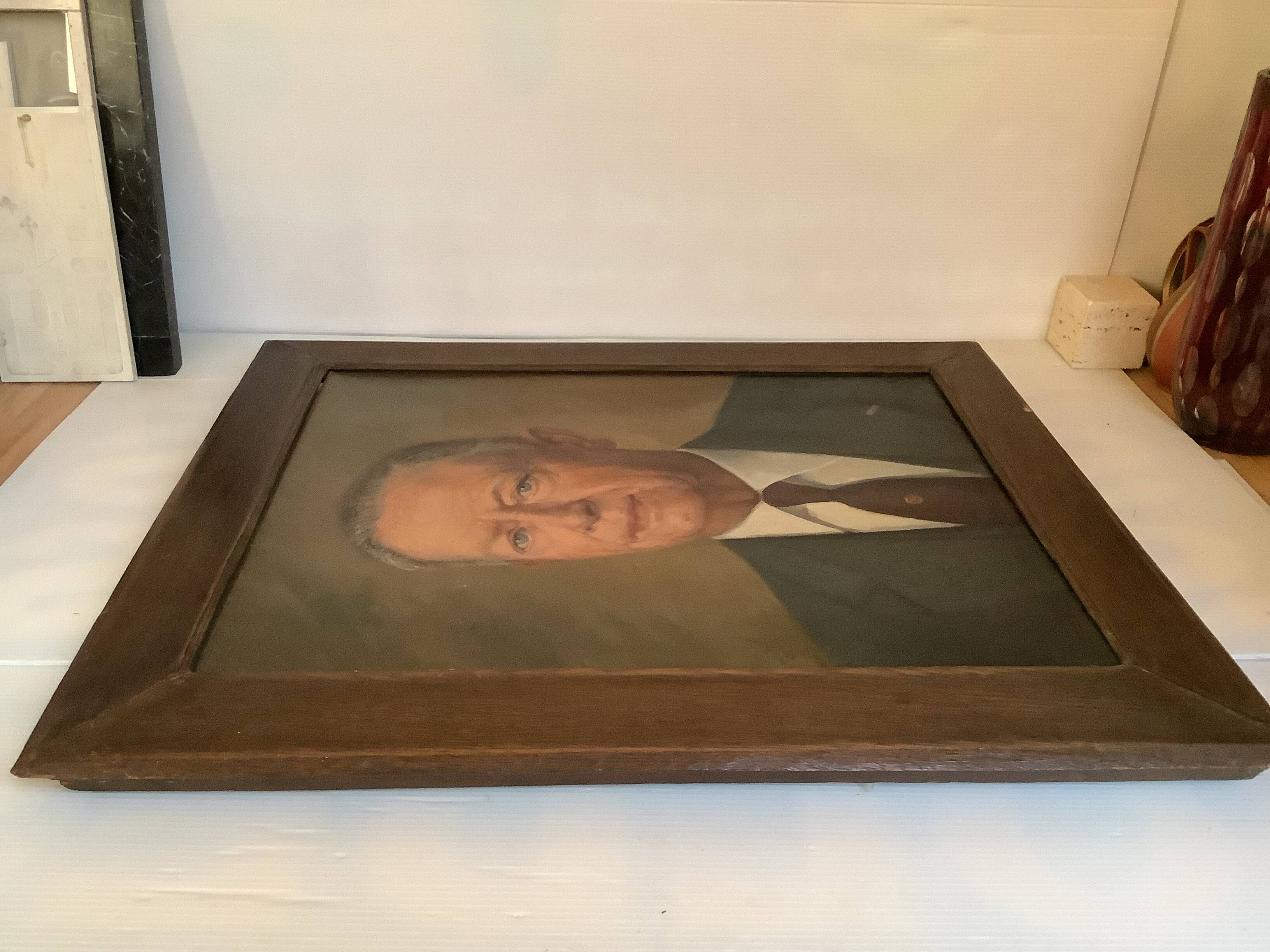 Large portrait painting of a man, oil on canvas, signed.