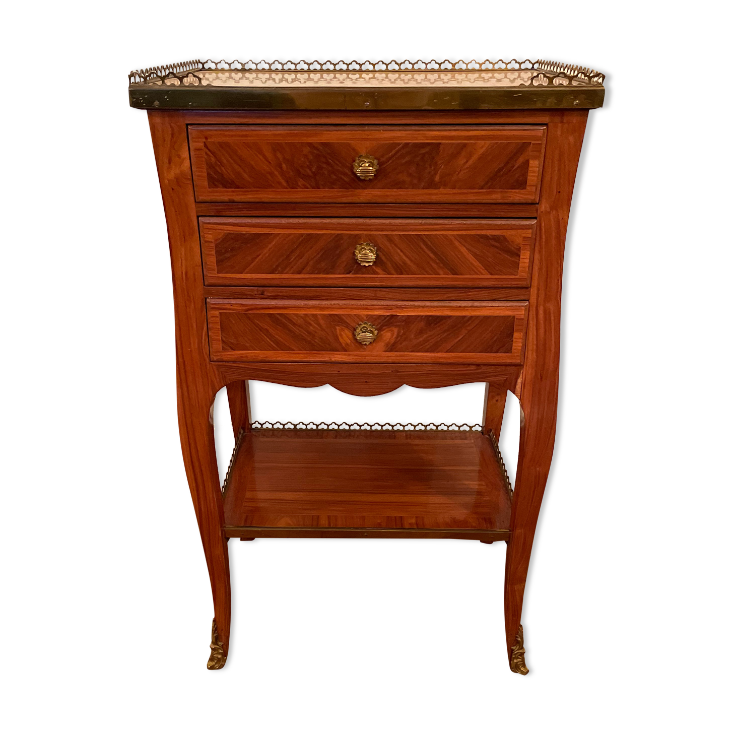 Bedside table of the 18th Louis XV period in marquetry and marble