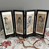 Paravent de table chinois en papier de soie peint, bois et verre