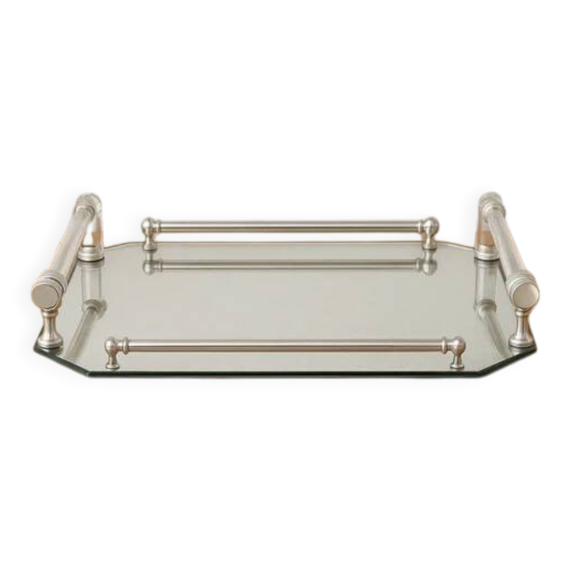 Vintage mirrored tray with glass and metal handles – H5 × W39 × D30 cm