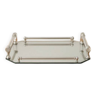 Plateau miroir vintage à poignées en verre et métal – H5 × L39 × P30 cm