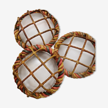 Set of 3 opaline and rope wall lamps