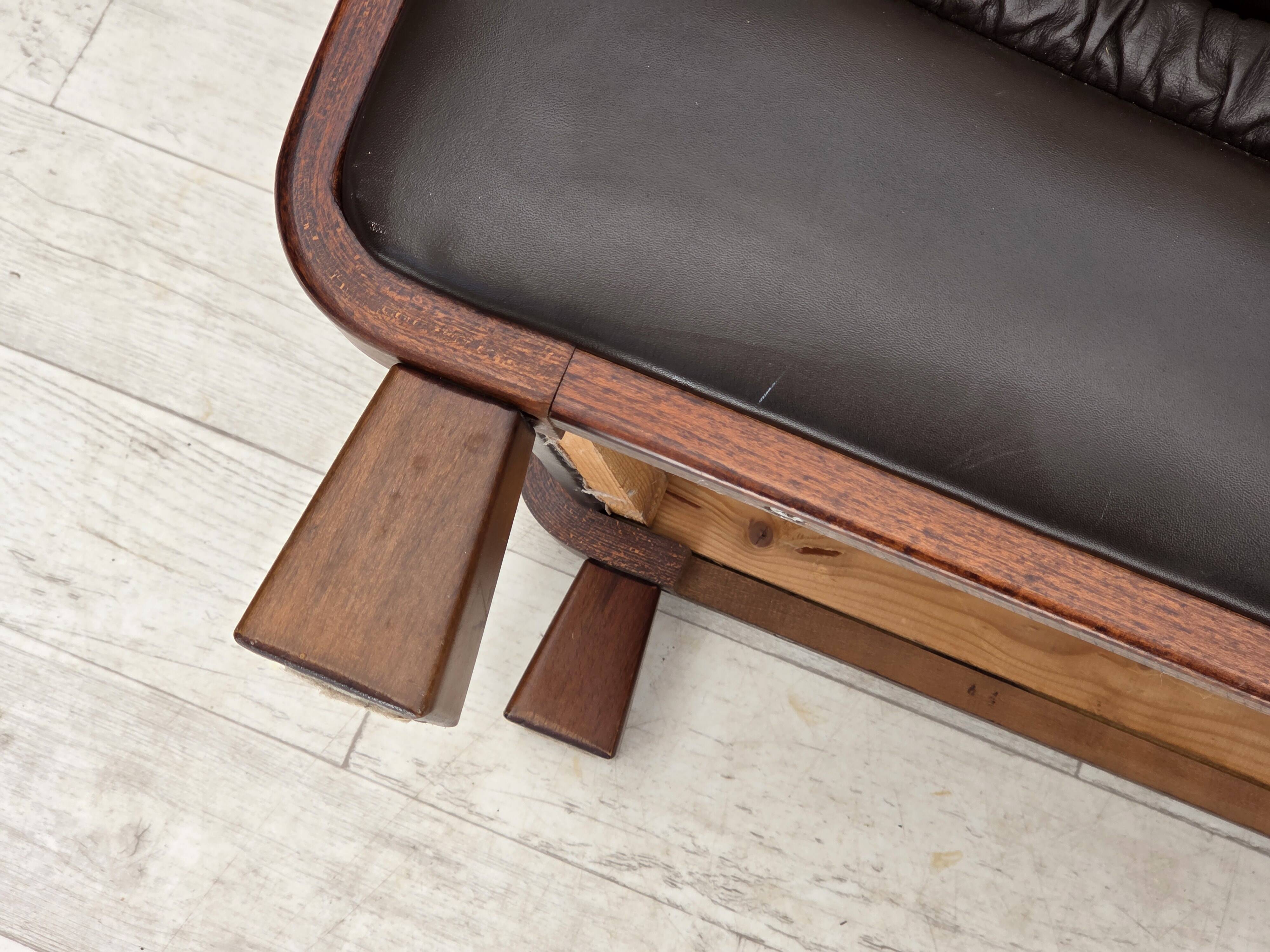 1970s, Scandinavian armchair, brown furniture leather, teak wood legs.