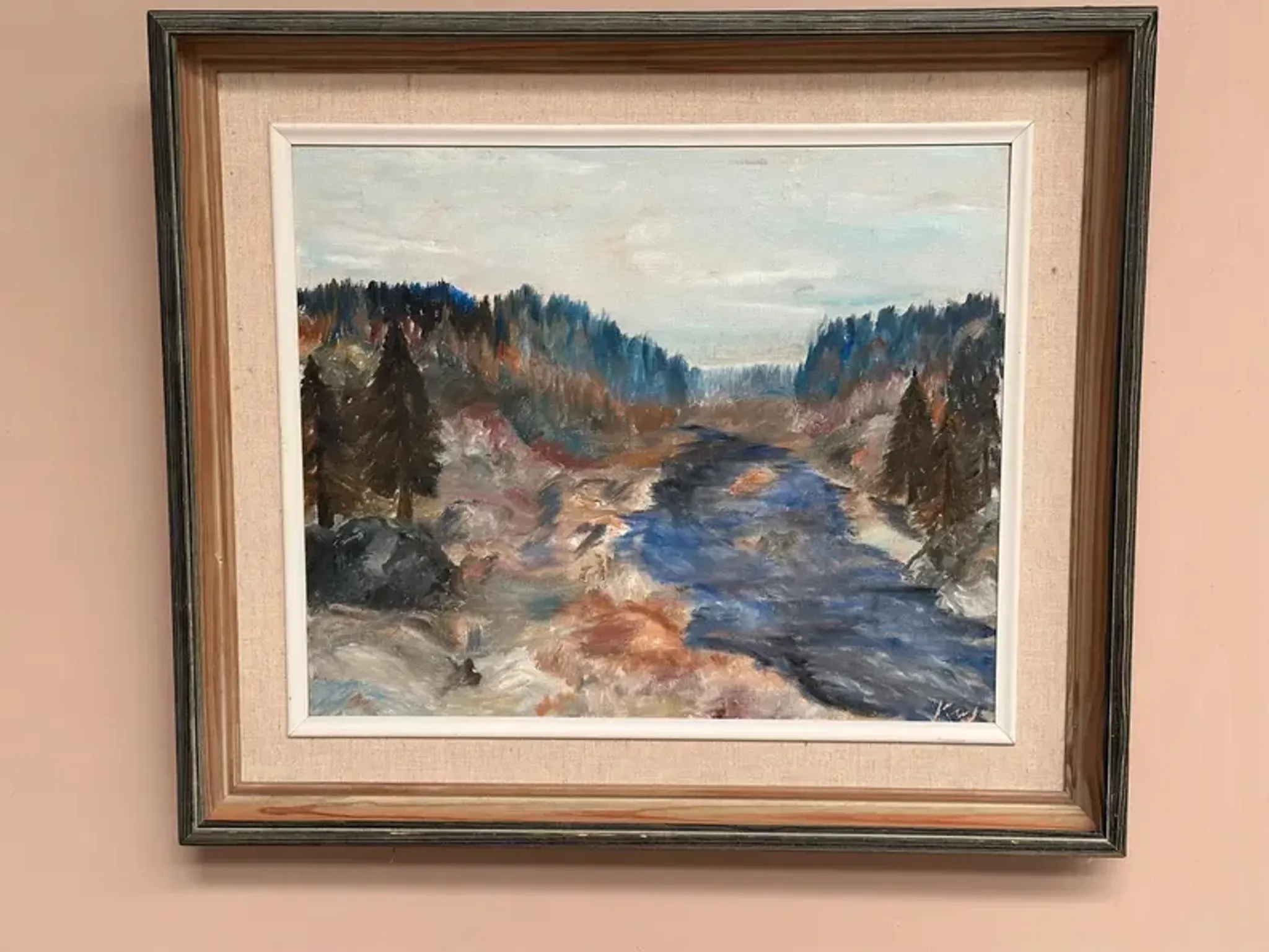 Original Swedish Oil on Canvas – “Landscape with River and Forest” by Kaj – Signed – Vintage & Framed – 60 × 52 cm (23.6" × 20.5")