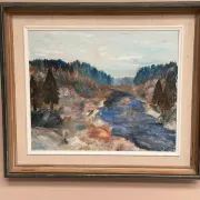 Original Swedish Oil on Canvas – “Landscape with River and Forest” by Kaj – Signed – Vintage & Framed – 60 × 52 cm (23.6" × 20.5")