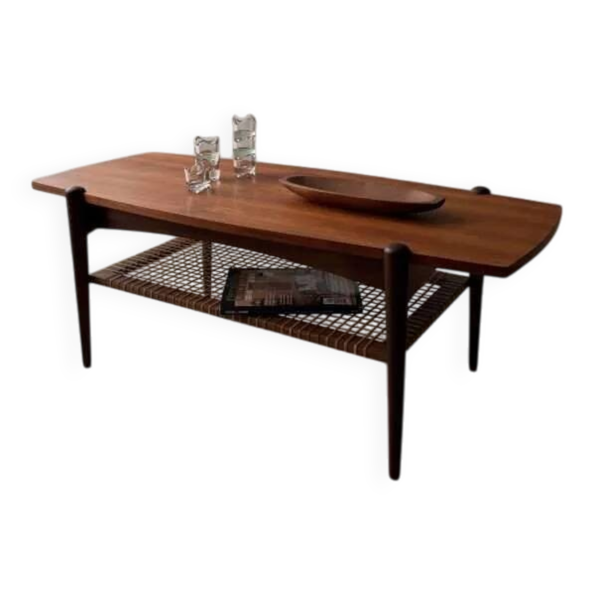 Vintage Creafort coffee table 1960s teak with rattan magazine shelf
