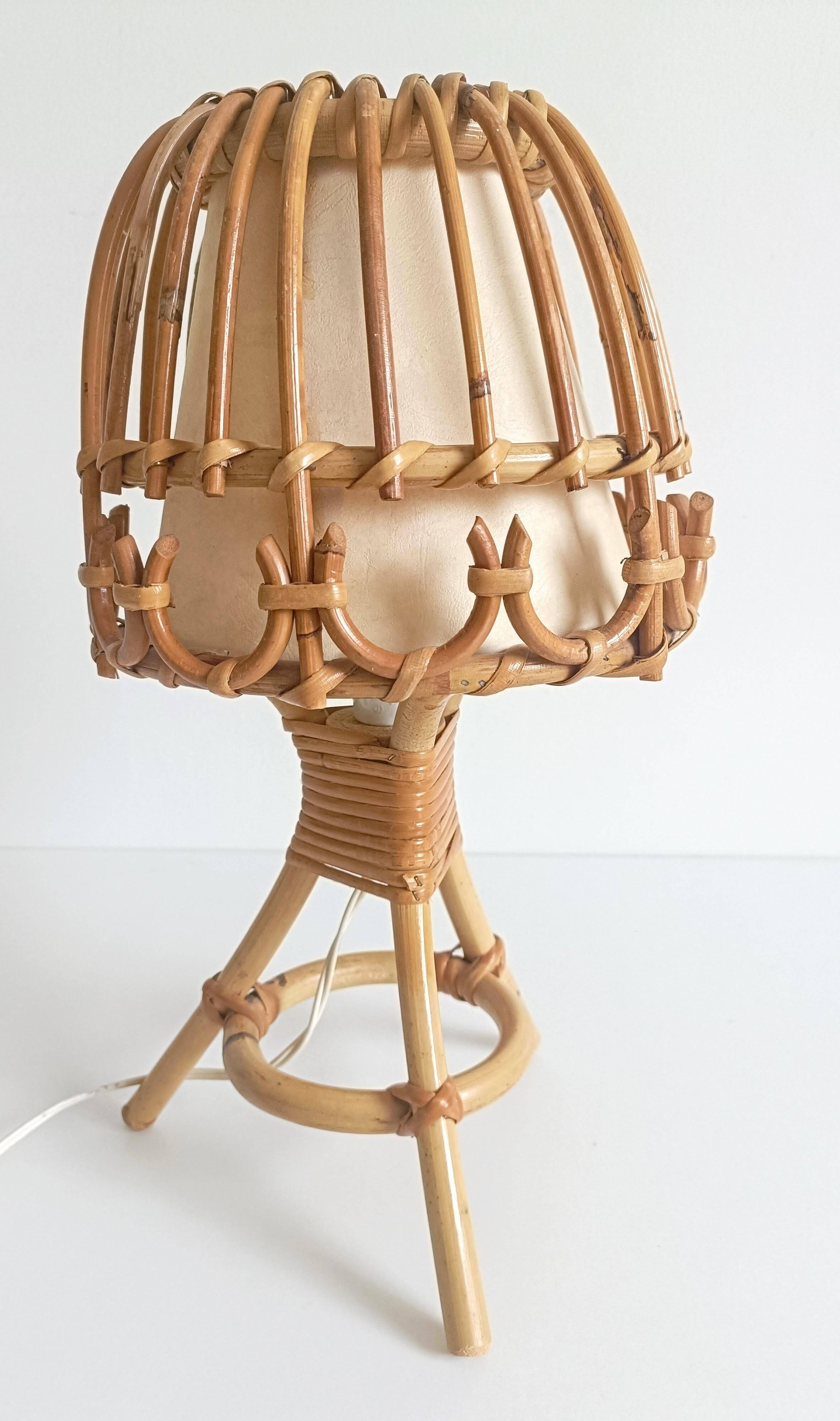 Midcentury Bamboo and Rattan Table Lamp, Attributed to Louis Sognot