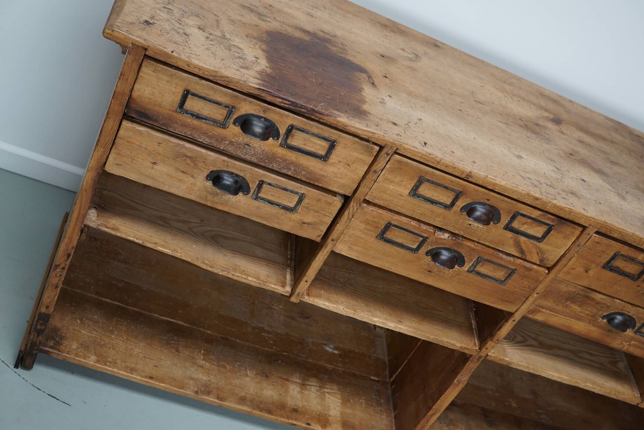 Vintage rustic German pine apothecary cabinet / shop counter, 1930s