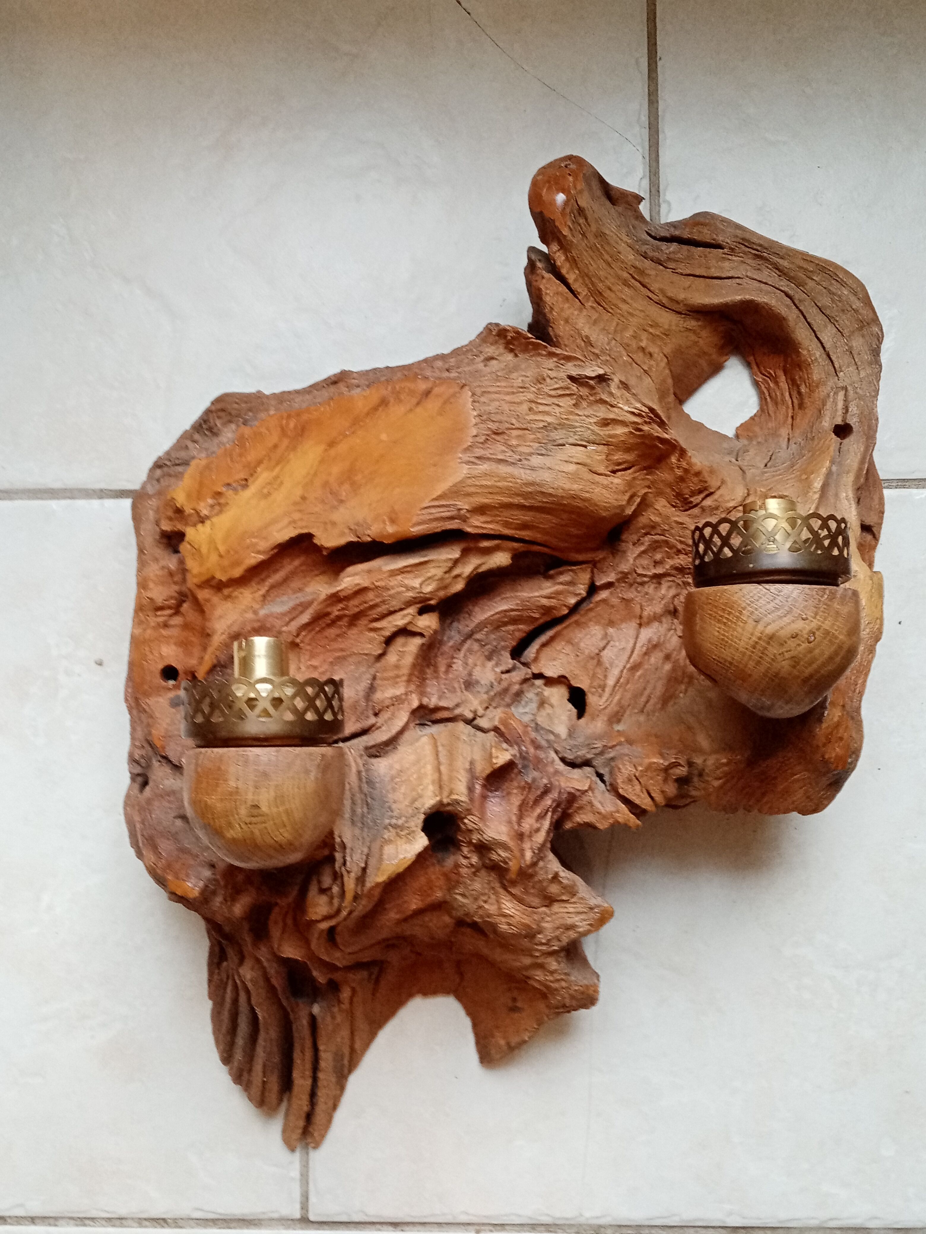 Pair of vintage brutalist wood wall lamp