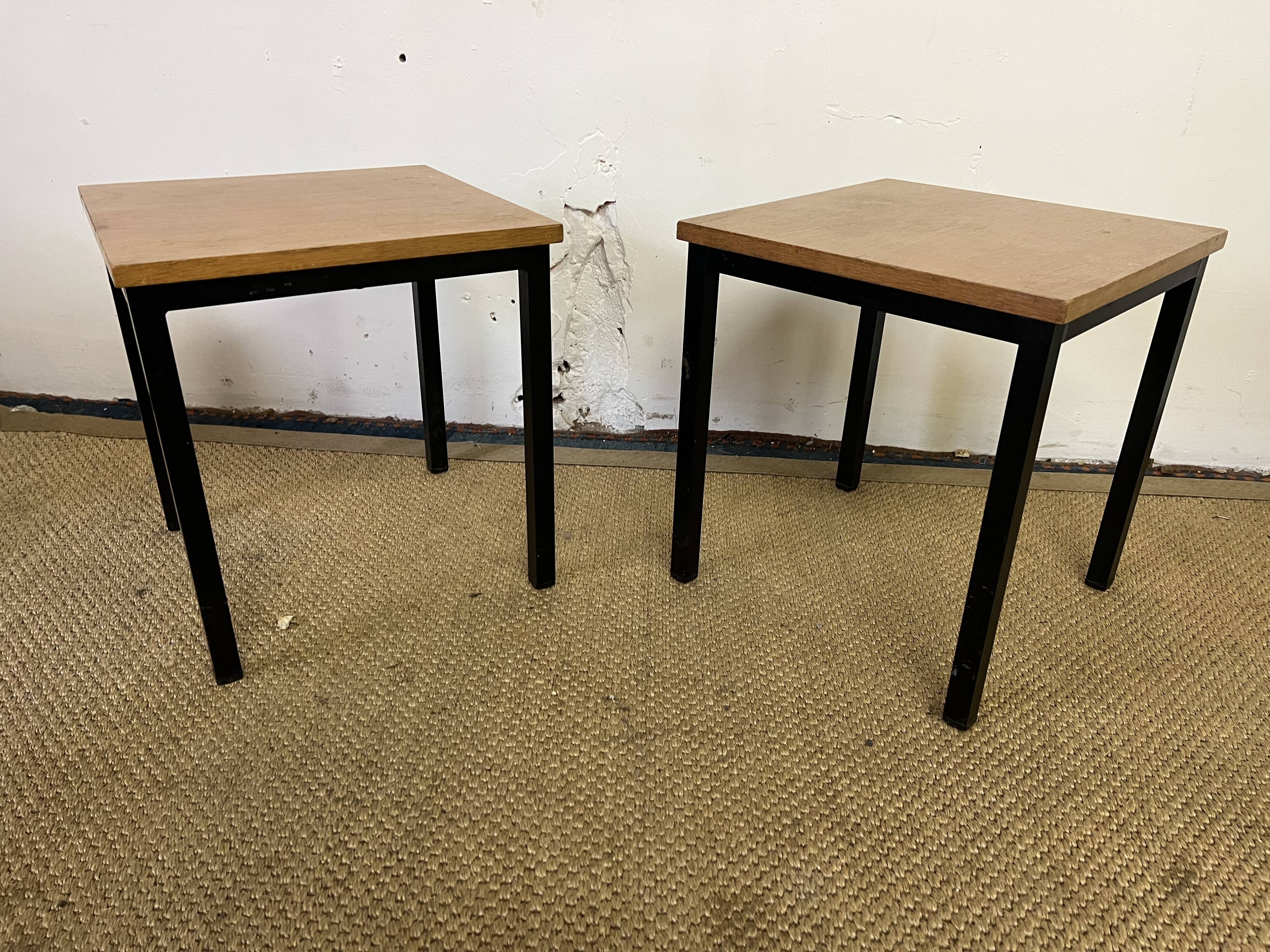 Pair of wooden and vintage metal bedside tables