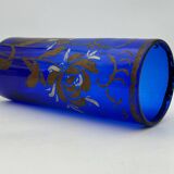 Antique blue glass vase, hand-painted bronze floral decoration / Art Nouveau