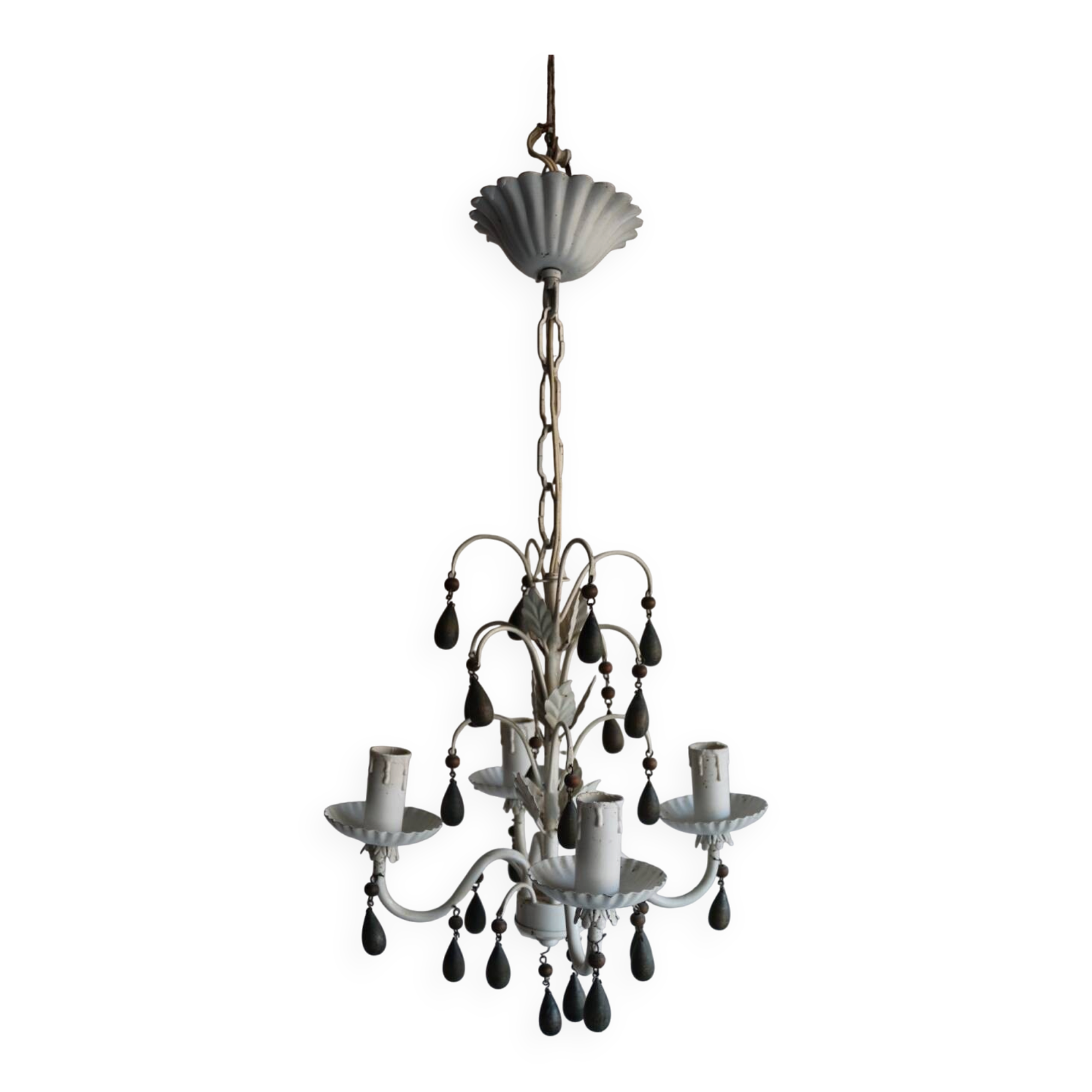 Antique white lacquered metal chandelier with wooden pendants.