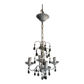 Lustre ancien en métal laqué blanc à pampilles en bois