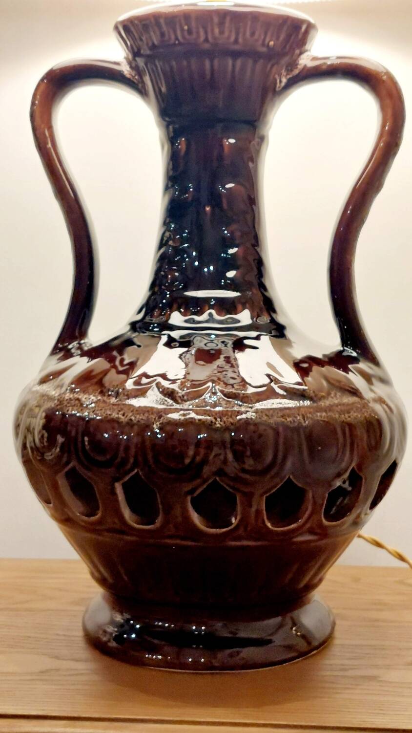 Vintage ceramic lamp, striped cotton shade