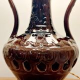 Lampe vintage en céramique, abat-jour en coton rayé