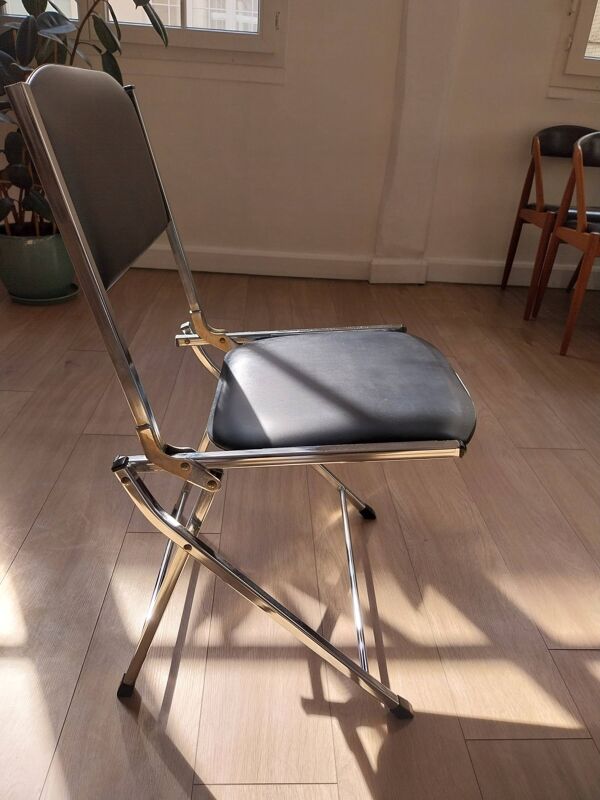 Lot de 6 chaises pliantes vintage Eyrel – Métal chromé et simili cuir noir