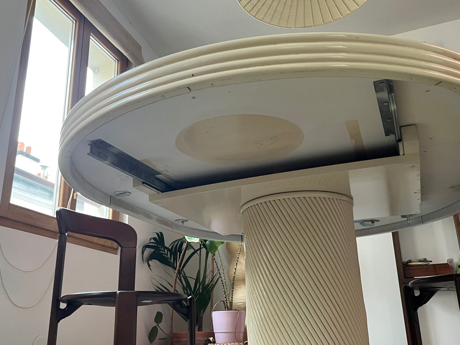 Vintage table, beige lacquered top and bamboo legs.