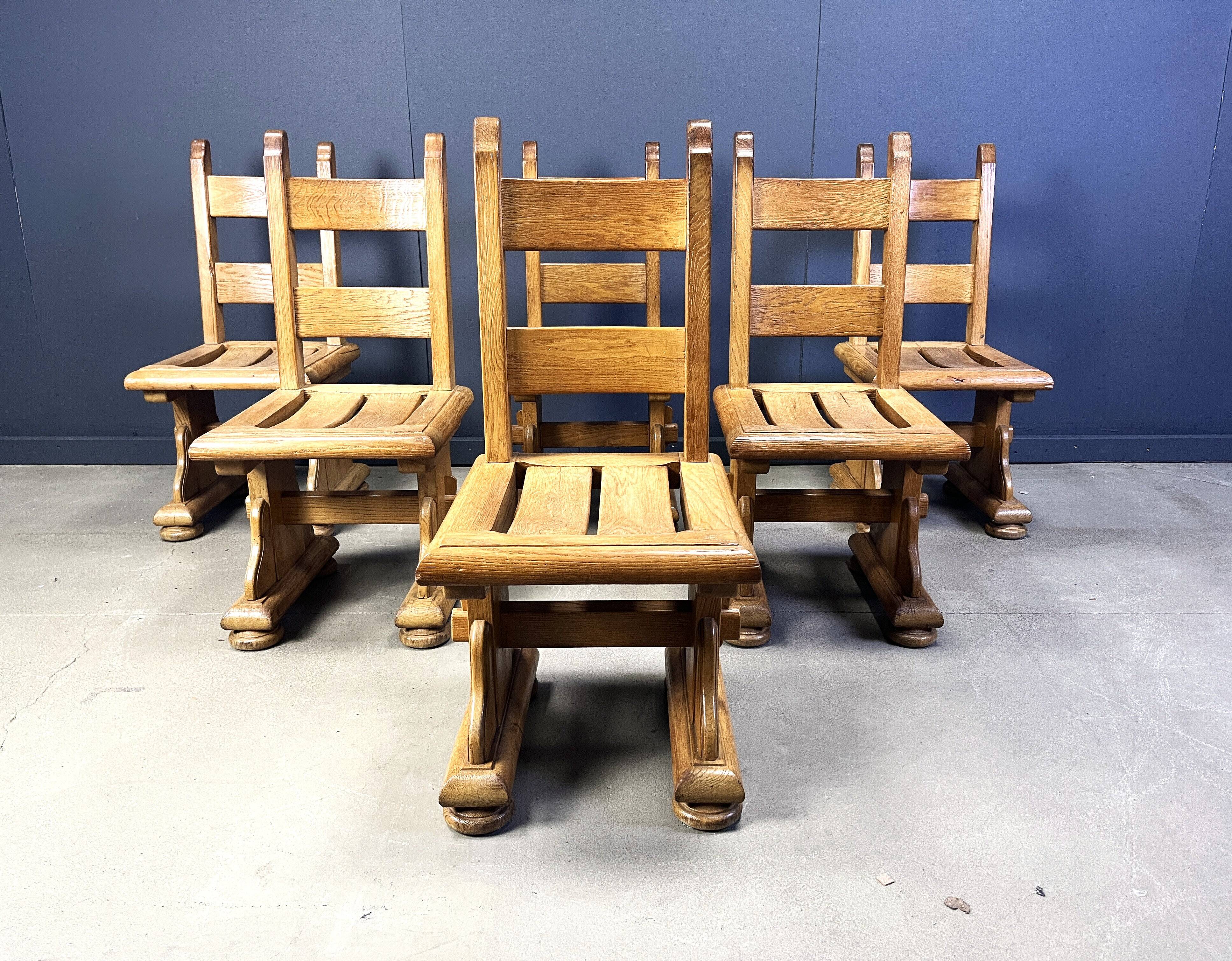Solid oak brutalist dining chairs, 1960s