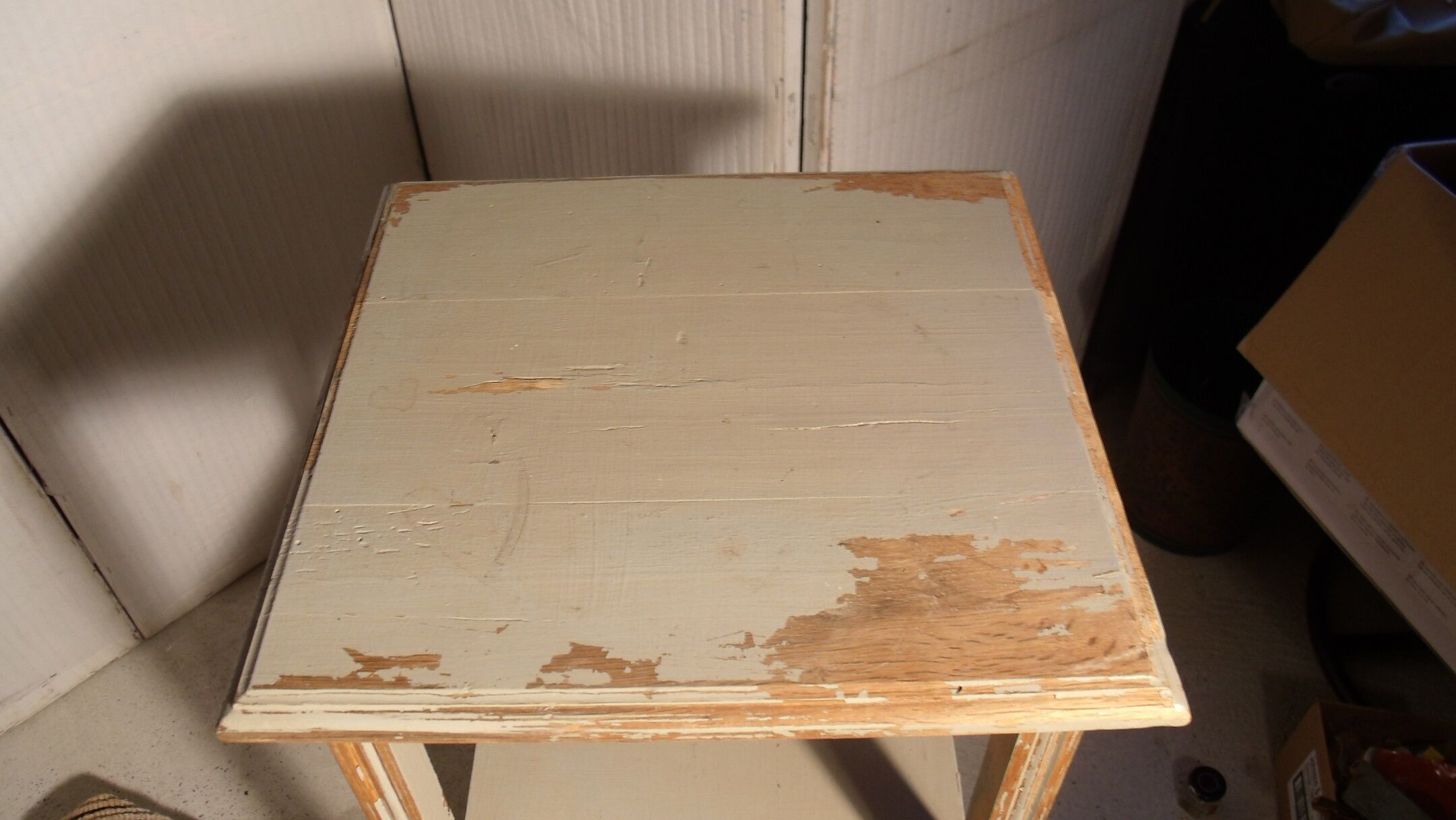 shabby wood side table on wheels
