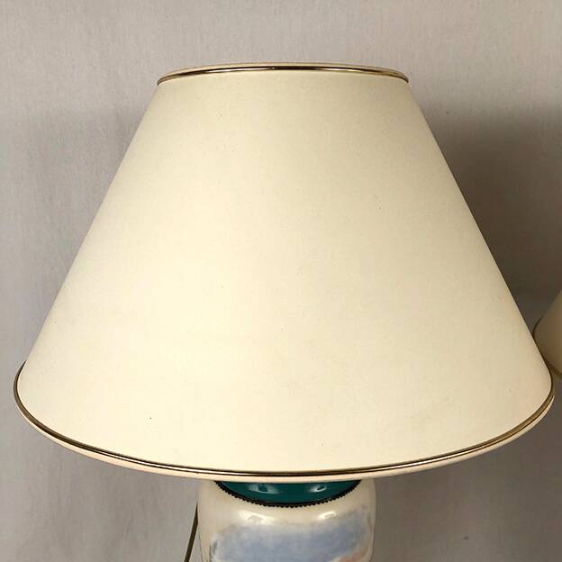 Large pair of 19th century polychrome porcelain vases decorated with landscapes, mounted as lamps