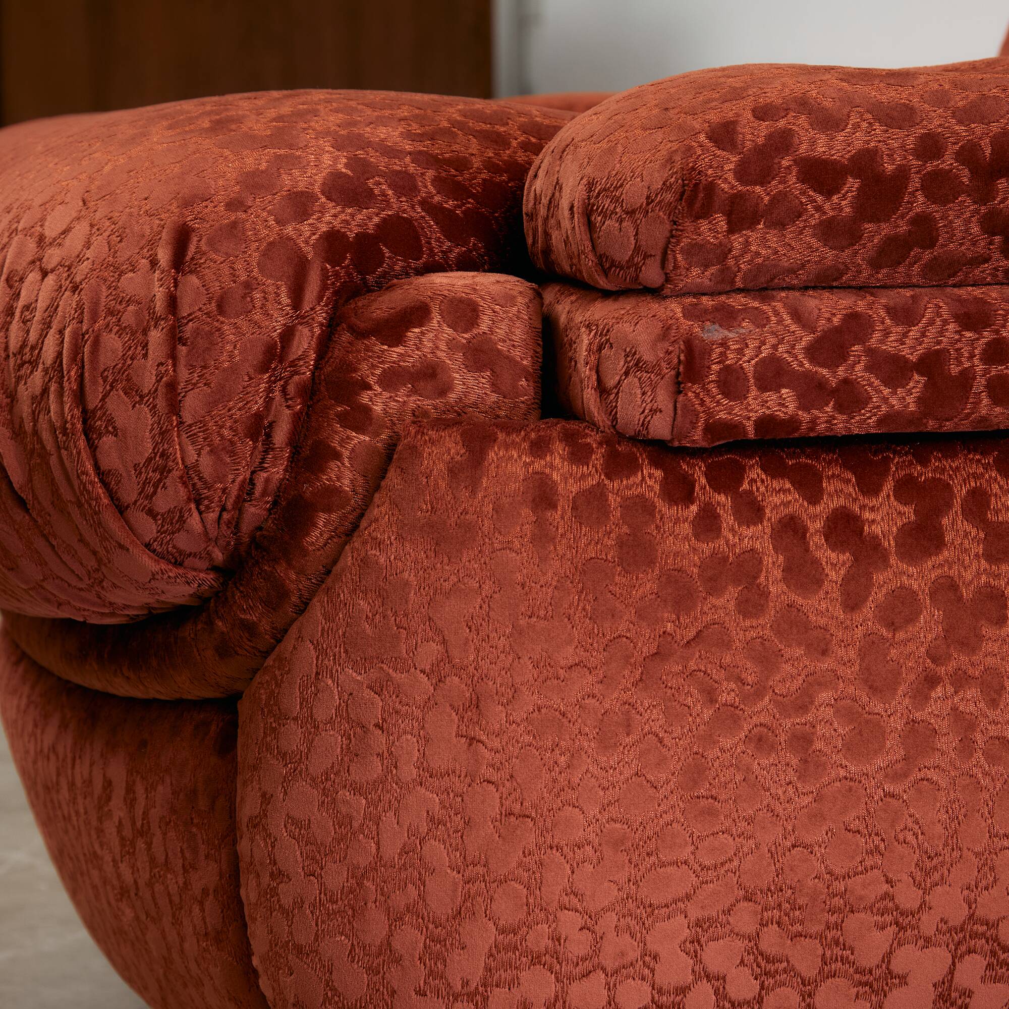 Velvet Armchair with Rounded Wooden Legs, 1970s