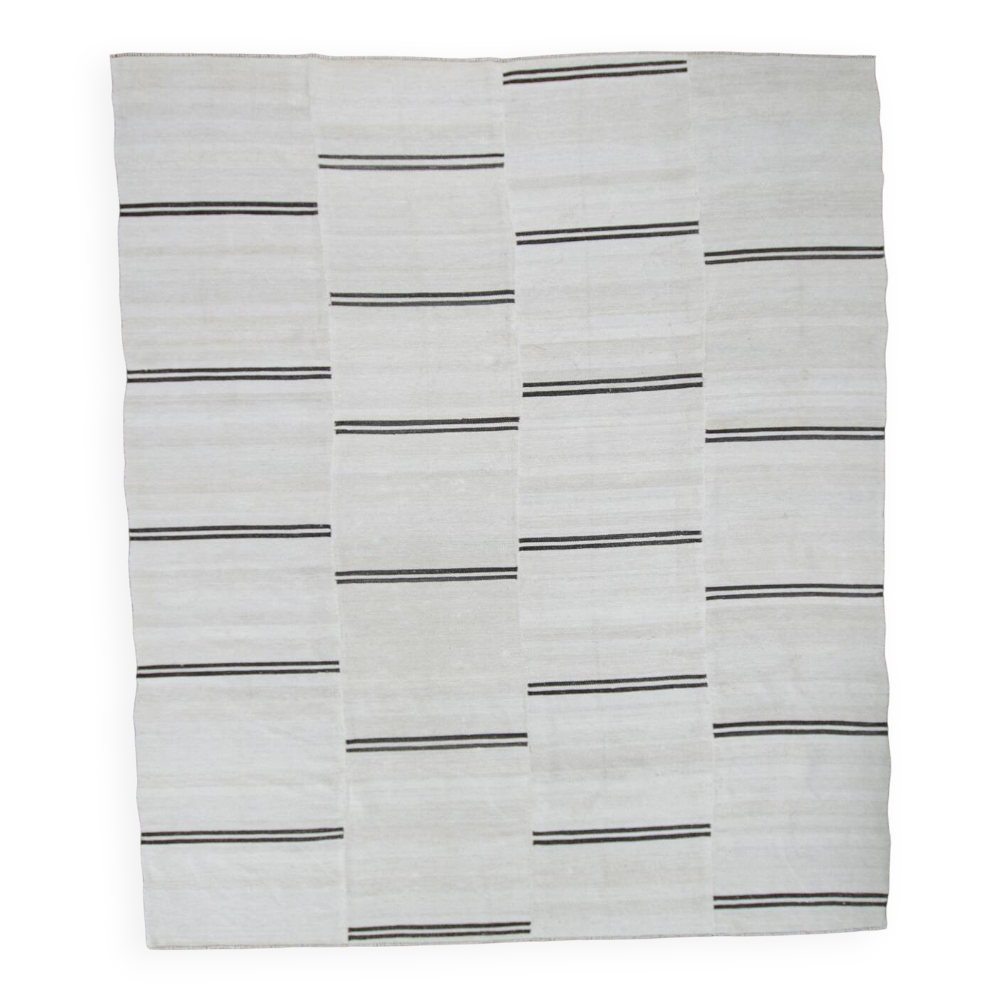 %100 Wool Beige & Black Striped Vintage Kilim Rug, 309x366 Cm