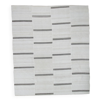 %100 Wool Beige & Black Striped Vintage Kilim Rug, 309x366 Cm