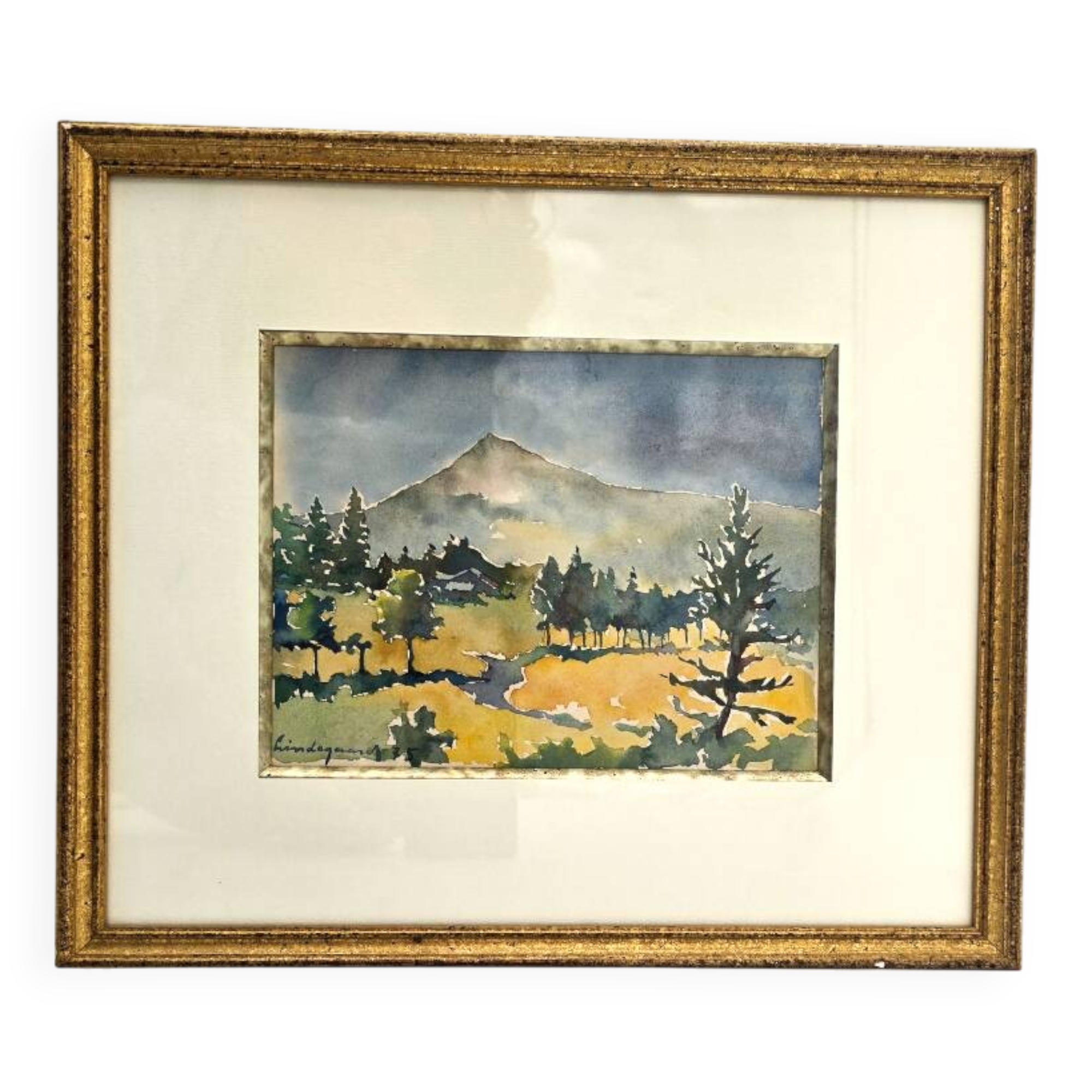 Framed watercolor by Henri Lindegaard 1975 - Forest and mountain landscape